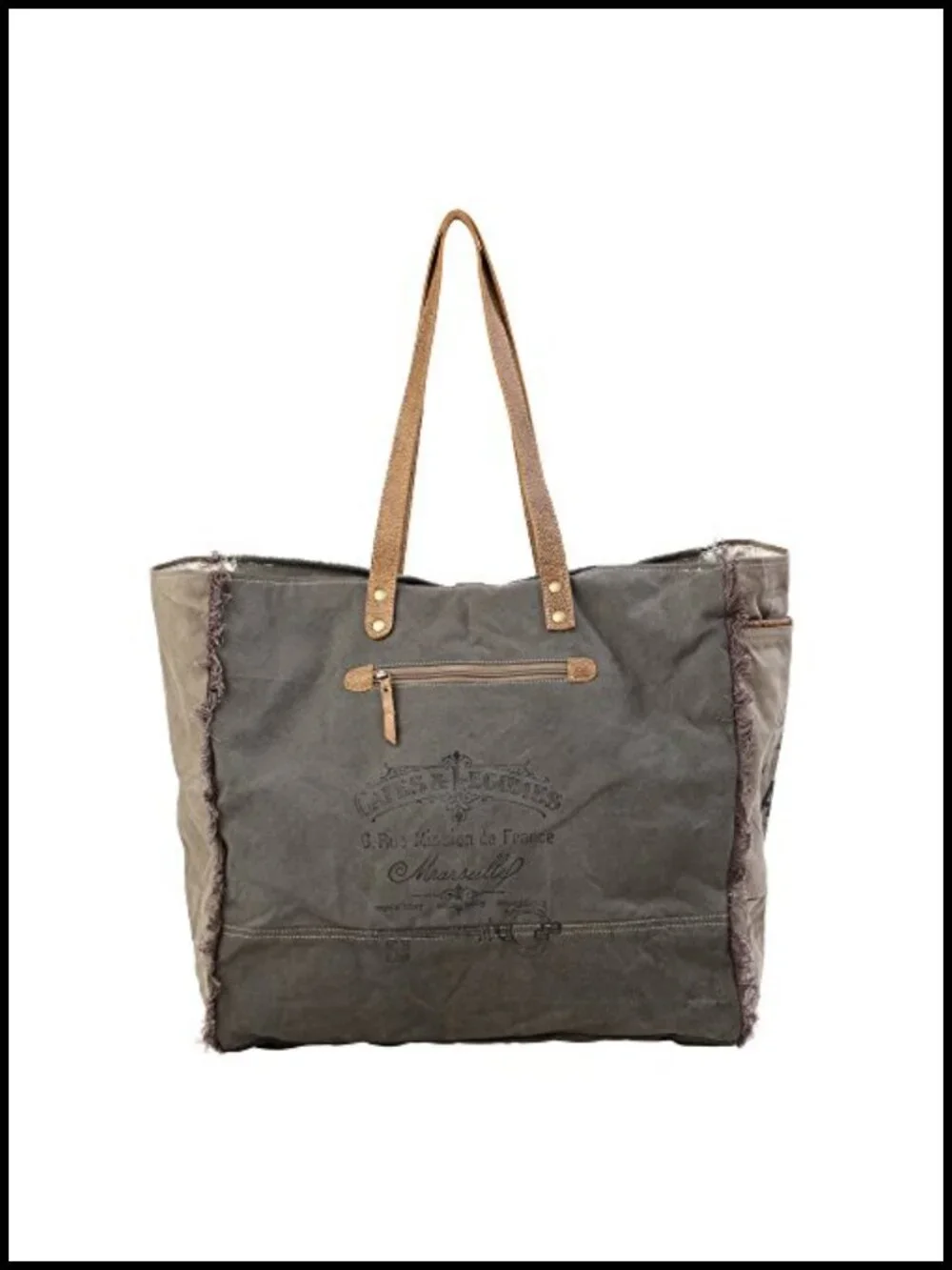 Large Canvas Tote Bag with Leather Trim - Zippered Travel Bag